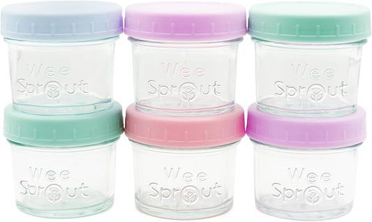 WeeSprout Baby Food Storage Glass Jars w/Lids (4 oz, 6 Pack) Pastel Variety, Snack, Reusable Small Containers, Fridge or Freezer, Microwave & Dishwasher Safe, Essentials for Infants