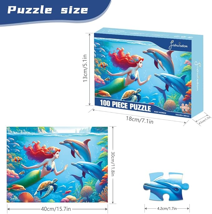 100 Piece Jigsaw Puzzle for Kids Age 4-8 Teens Gift Family Time Undersea Mermaid Princess Puzzles (Blue- Mermaid)