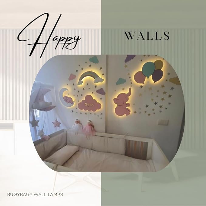 BugyBagy Nursery Wall Lamp Set – 3 Hand Painted Night Lights for Baby Room (Hot Air Balloon, Cloud, Elephant on Moon) + Bonus Wall Stickers – Soft Linen Colors Pink or Blue (Blue Theme 2)