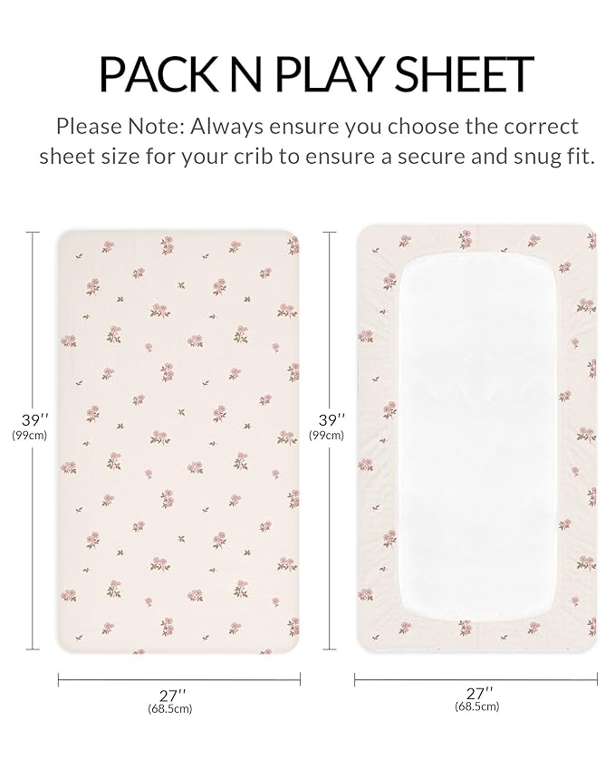 Pack and Play Sheets for Baby Boy and Girl 2 Pack, Neutral Muslin Cotton Pack N Play Mattresses Sheet 27"x39", Muslin Nursery Bedding Soft and Breathable Comfort (Vintage Blossom & Pink)