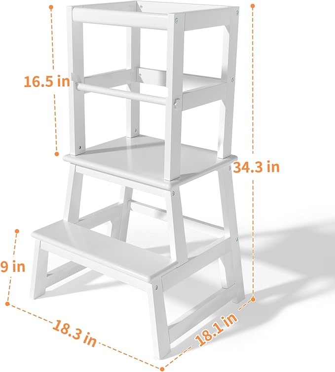 Kids Kitchen Step Stool with Safety Rail,Wooden Toddler Standing Tower for Kitchen Counter, Kids Montessori Stool, Solid Wood Construction,White