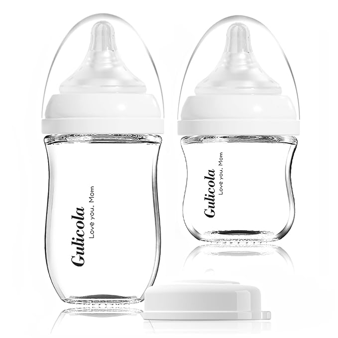 Gulicola Natural Glass Baby Bottle Newborn Set, 3 oz and 5 oz with Extra Slow Flow & Slow Flow Nipple, Anti Colic, 0-3 Months, 2 Pack - White