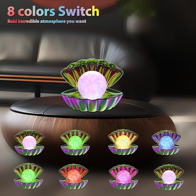Shell Pearl Beach Themed Night Light, RGB 8 Colors Changing Mood Shell Pearl Lamps, Bedside LED Clamshell Portable Night Lights for Bar (Electroplating Colorful)
