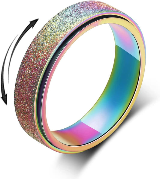 Anxiety Ring for Women Men, Titanium Stainless Steel Spinner Ring, 5 Colors, 6MM, Size 6-10, 3 Styles Anxiety Ring-Moon Star, Sandblasted Finished, Hollow Outer