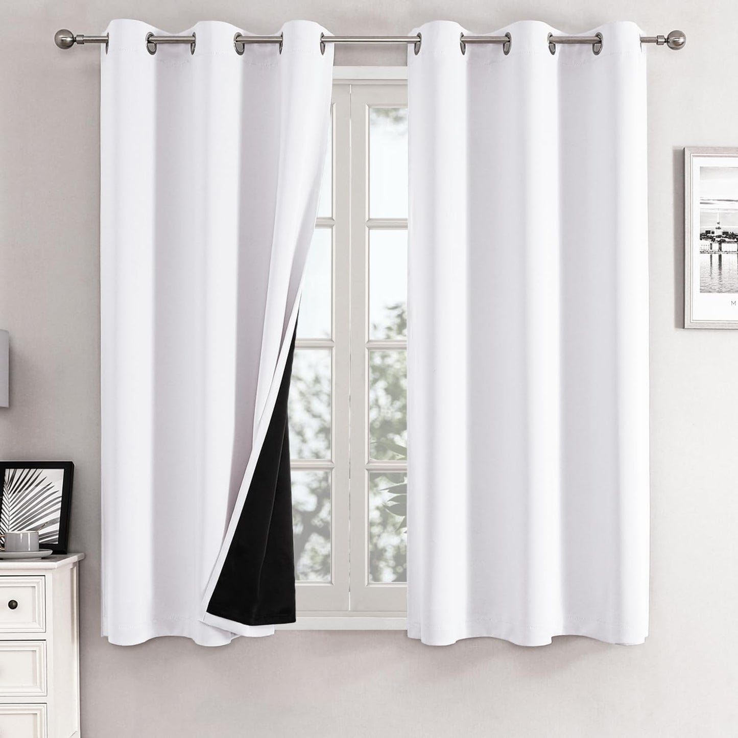 ChrisDowa White 100% Blackout Curtains for Bedroom with Black Liner, 2 Thick Layers Total Blackout Thermal Insulated Grommet Small Window Curtains 2 Panels Set (Pure White, 42 x 45 Inch)