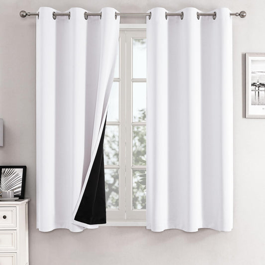 ChrisDowa White 100% Blackout Curtains for Bedroom with Black Liner, 2 Thick Layers Total Blackout Thermal Insulated Grommet Small Window Curtains 2 Panels Set (Pure White, 42 x 54 Inch)