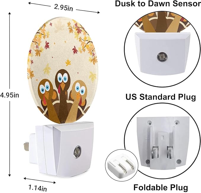 EKOBLA Thanksgiving Day Turkey Nightlight Autumn Red Maple Leaf LED Night Light Plug into Wall with Dusk to Dawn Light Sensor for Bedroom Living Room Kitchen