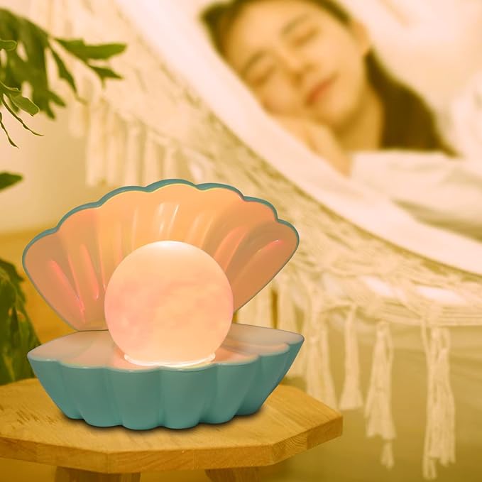 Shell Pearl Beach Themed Night Light, RGB 8 Colors Changing Mood Shell Pearl Lamps, Bedside LED Clamshell Portable Night Lights for Bar (Green)