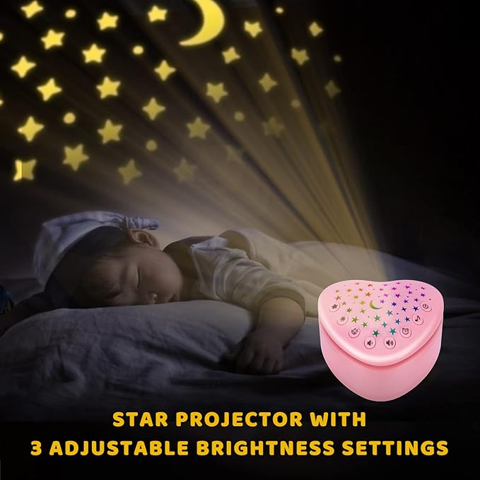 A13 White Noise Machine & Baby Sleep Soother with 15 Soothing Sounds & Projector LED Star Night Light, Cry Sensor, Rechargeable Lithium Battery, Portable for Baby Gifts, Children, Toddlers (Pink)