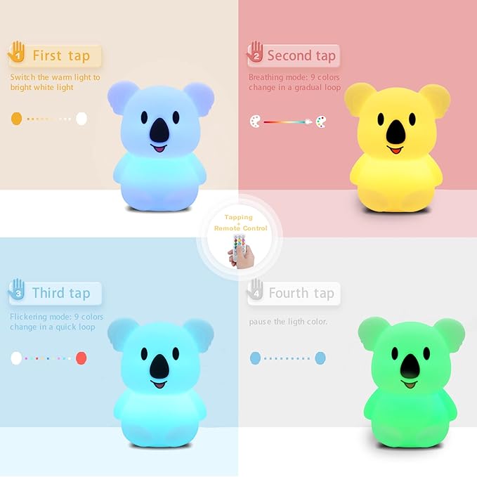 WHA&DARREN Koala Night Light for Kids, Silicone Bedside Lamp, Baby Nursery Light, Children Night Lights, Squishy Night Light for Kids Room,Kawaii Lamp, Animal Night Lights for Girls and Boys