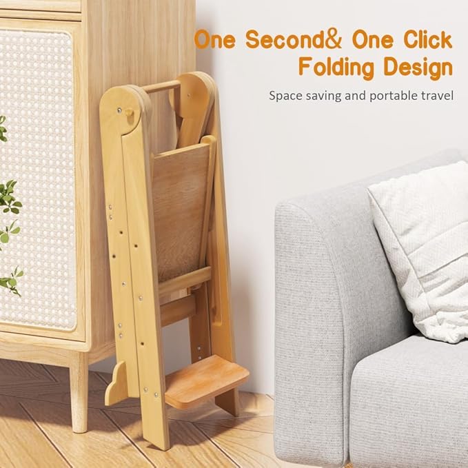 Toddler Tower, Foldable Step Stool for Toddlers, Toddler Kitchen Stool Helper with 3 Adjustable Height Safty Rail and Anti-Tip Structure, Learning Tower for Toddlers Baby Kids