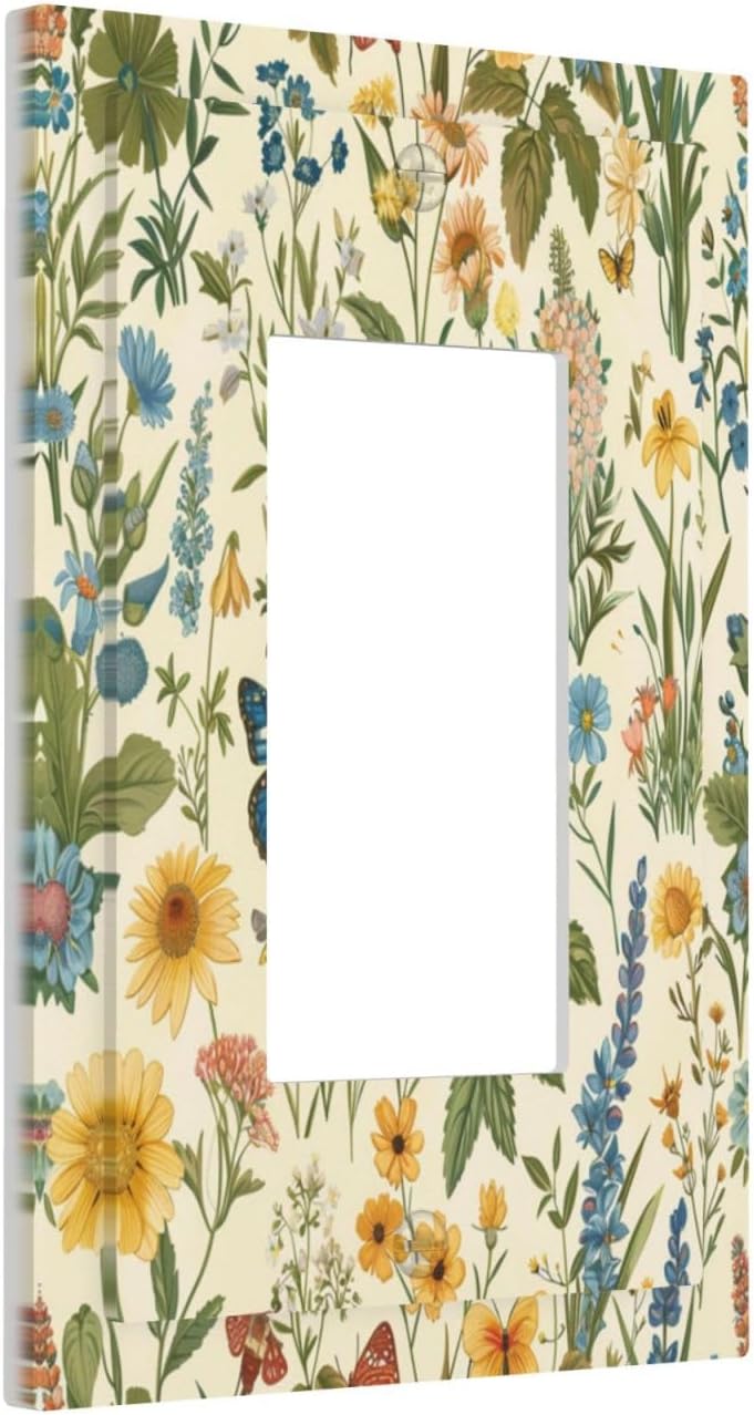 Decorative Outlet Covers Rustic Plant Garden Leaf Flower Butterfly 1 Gang Single Decora GFCI Device Light Switch Covers Plate 1 Rocker Wall Plate Jumbo Faceplate for Bedroom Home Decor