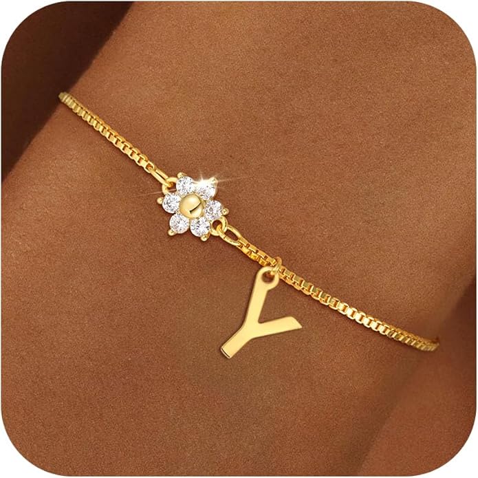 C-leen Gold Initial Bracelets for Women Girls - 18K Gold Plated Flower CZ Initial Bracelet Teen Girl Gifts Trendy Stuff Dainty Gold Bracelets for Women Girls Trendy Jewelry Gifts