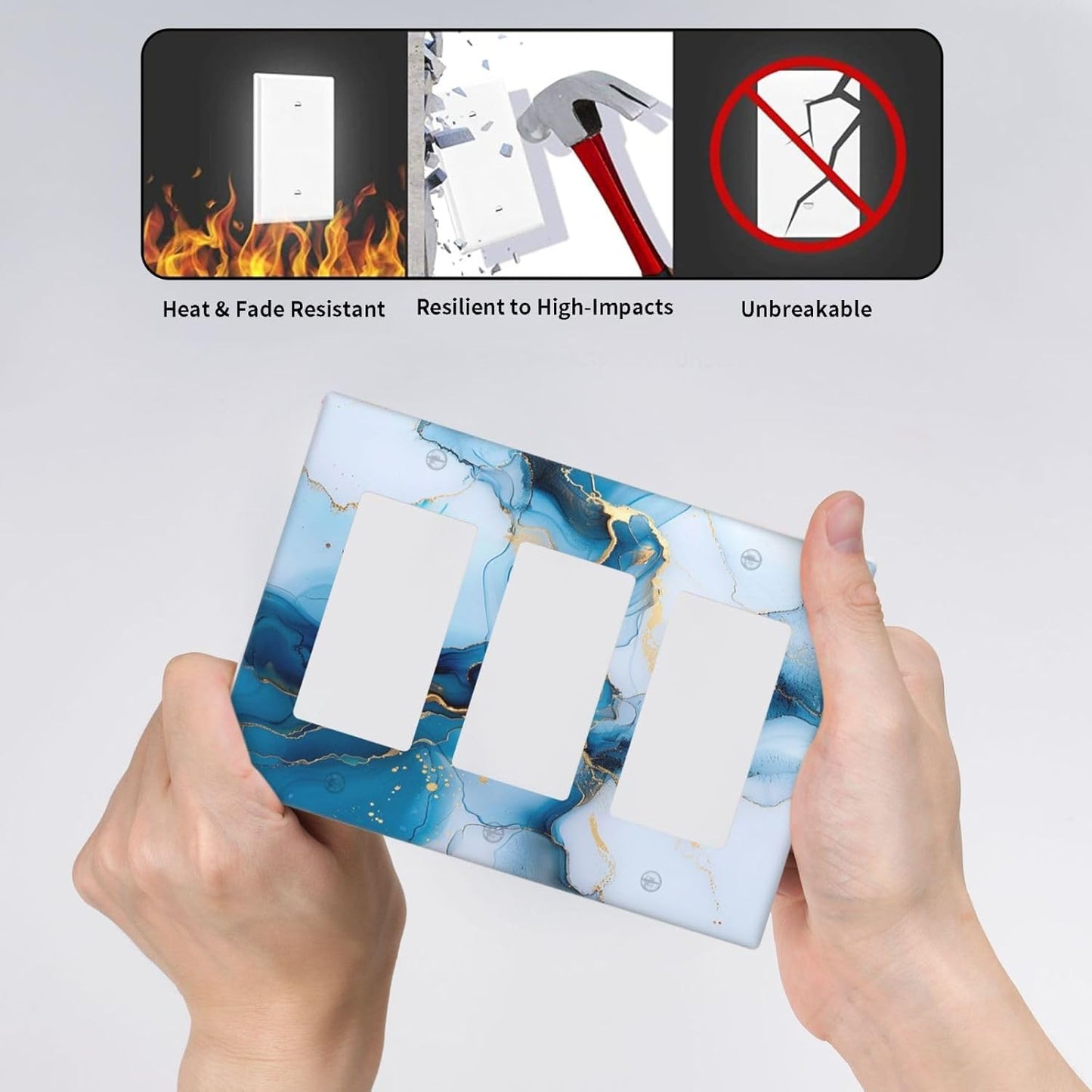 Decorative Outlet Covers Modern Abstract Blue Gold Line Marble 3 Gang Wall Plate Triple Rocker Light Switch Cover Plate Jumbo Electrical GFCI Faceplate for Kitchen Bedroom Home Decor