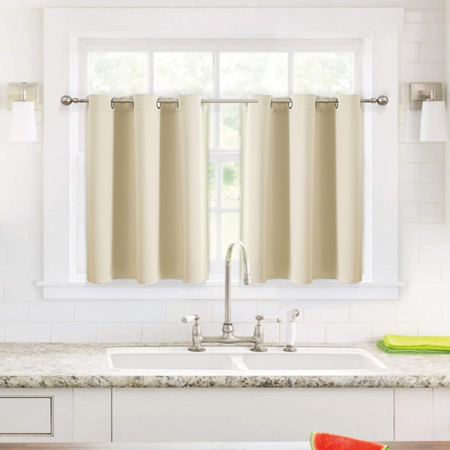 ChrisDowa Small Window Curtains for Kitchen and Bedroom - Grommet Short Thermal Insulated Room Darkening Curtains (2 Panels, Beige, 42 x 36 Inch)