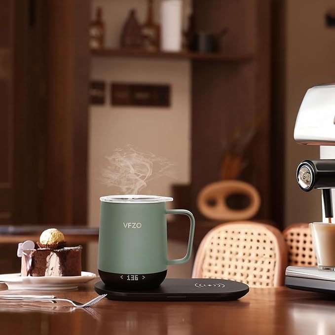 Temperature Control Smart Mug, Self Heating Coffee Mug LED Display, 180 Min Battery Life - Hot up to 149℉ Fast Wireless Charger Base Improved Design coffee serving sets (12oz, Blue Grey)