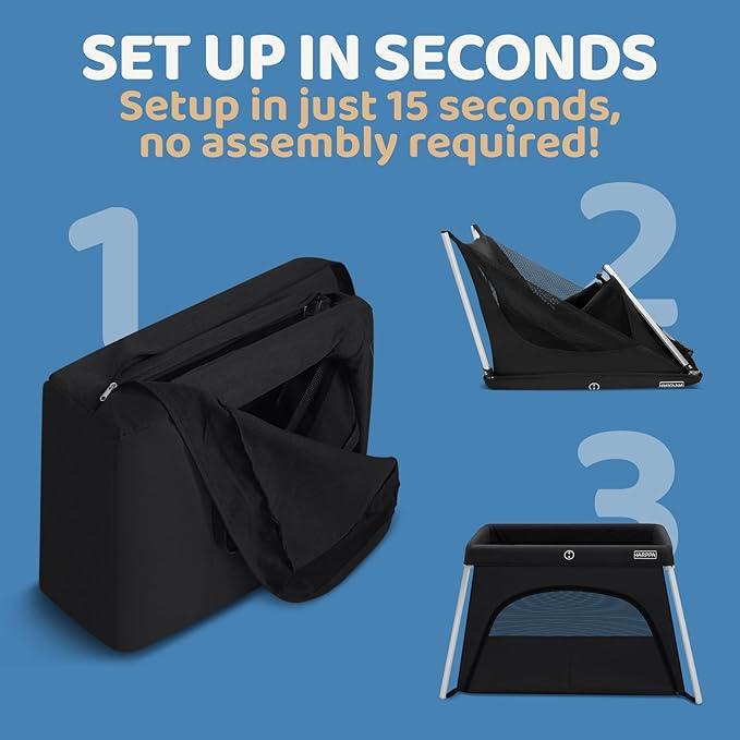 HARPPA Travel Crib with Comfy Mattress, Lightweight Portable Crib Requires No Assembly, Foldable Pack and Play for Baby and Toddlers, Compact Play Yard with Bed,Black