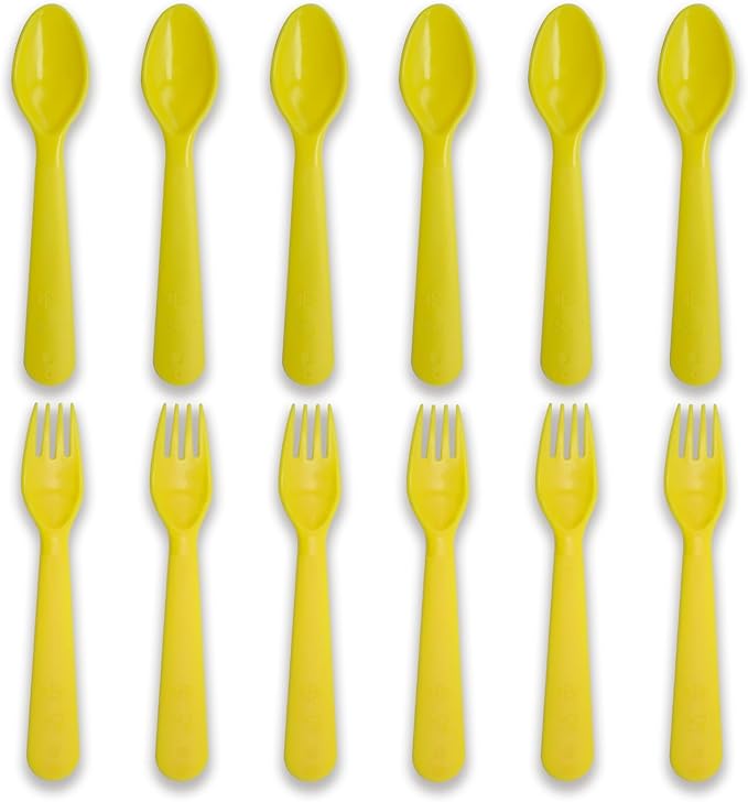 12 Pcs Kids Spoons and Forks Toddler Utensils Plastics Reusable Silverware Baby Cutlery Set Feeding Dinnerware Utensils BPA Free Microwave Dishwasher and Freezer Safe- Light Yellow