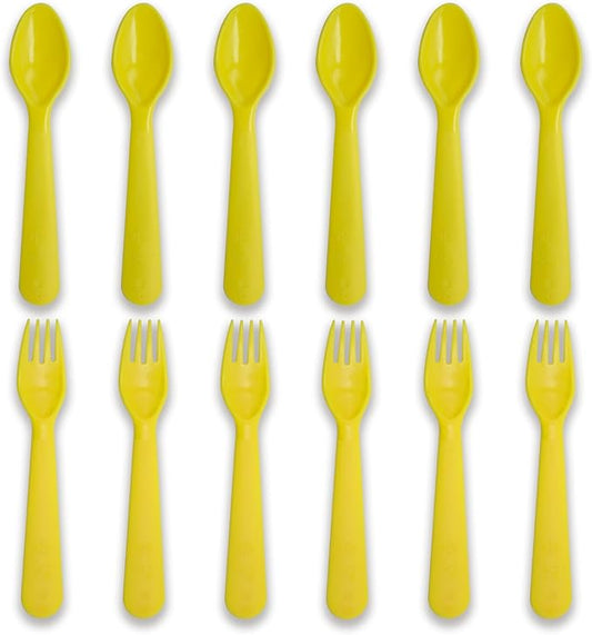 12 Pcs Kids Spoons and Forks Toddler Utensils Plastics Reusable Silverware Baby Cutlery Set Feeding Dinnerware Utensils BPA Free Microwave Dishwasher and Freezer Safe- Light Yellow