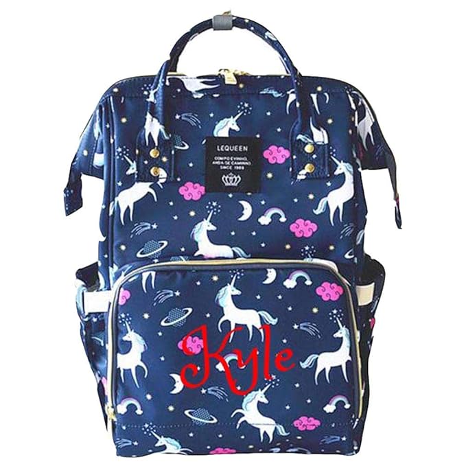 Personalized Large Diaper Bag Knapsack/Tote Bag/Backpack -Custom Monogram Embroidered for Infant/Baby Bag/ (Blue Unicorn)