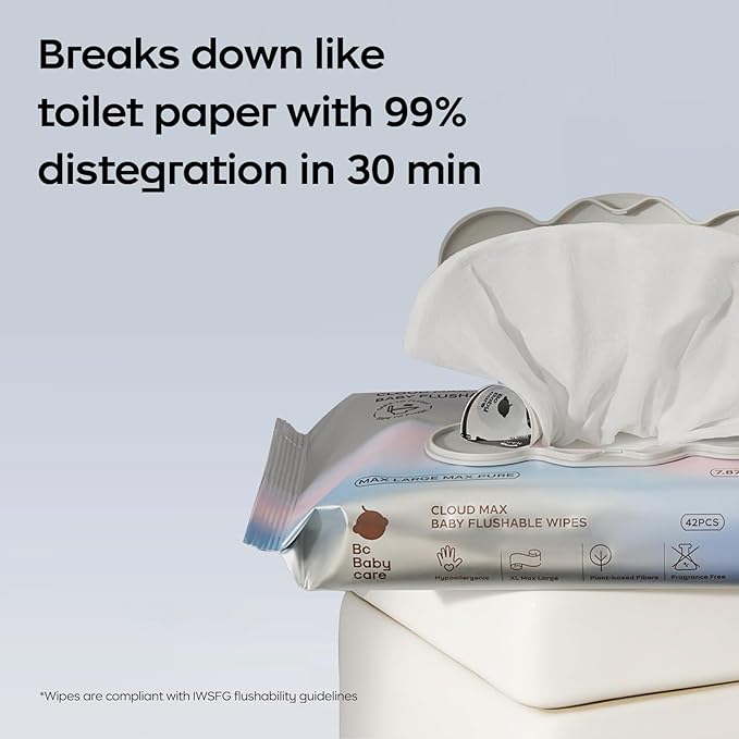 Bc Babycare Flushable Wipes, Hypoallergenic for Sensitive Skin, 99% Water, Plant-Based Fibers, Sewer + Septic Safe, Fragrance Free Toddler Potty Training, 336 Wipes, 8 Pack