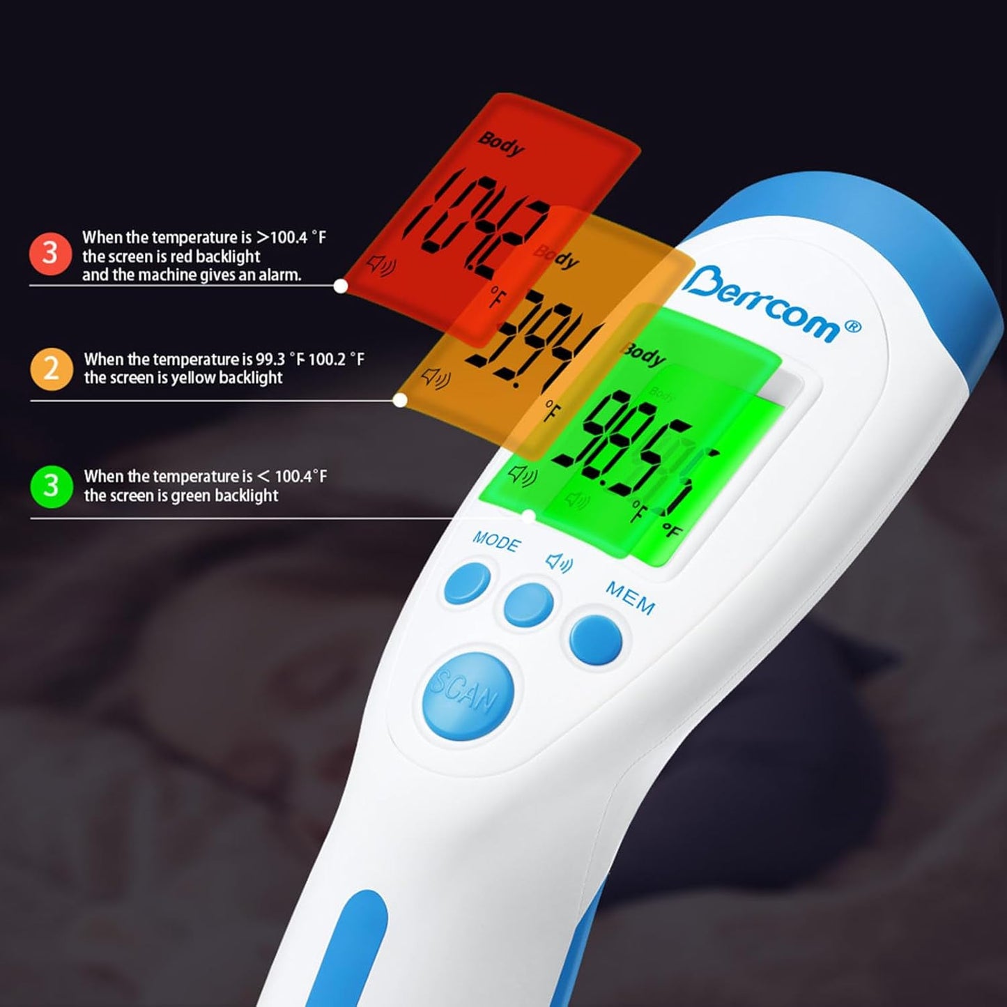 Berrcom Non-Contact Infrared Forehead Thermometer for Adults and Kids, 3-in-1 Digital Fever Thermometers with LCD Display and Fever Alert, Contactless Temperature Reader
