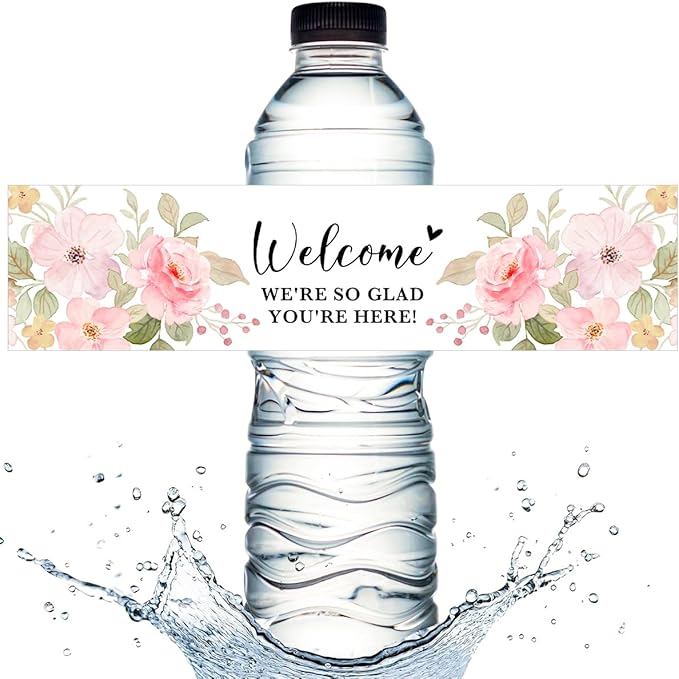 100PCS Wedding Water Bottle Labels Waterproof Greenery Floral Wraps Sticker for Water Bottle Baby Shower Bottle Label for Bridal Shower Party Welcome (Pink)