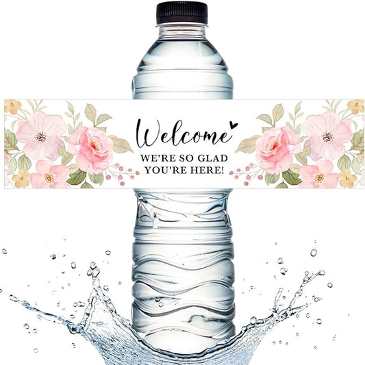 100PCS Wedding Water Bottle Labels Waterproof Greenery Floral Wraps Sticker for Water Bottle Baby Shower Bottle Label for Bridal Shower Party Welcome (Pink)