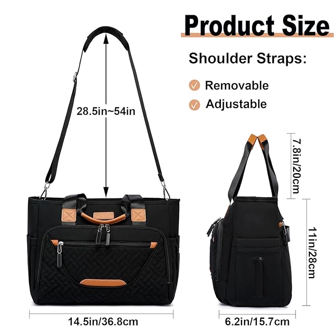 Diaper Tote Bag, 4 in 1 Tote Diaper Bag with 16" Laptop Compartment, Baby Bag with 3 Insulated Pocket for Mam and Dad, Ideal for Travel, Work (Black)