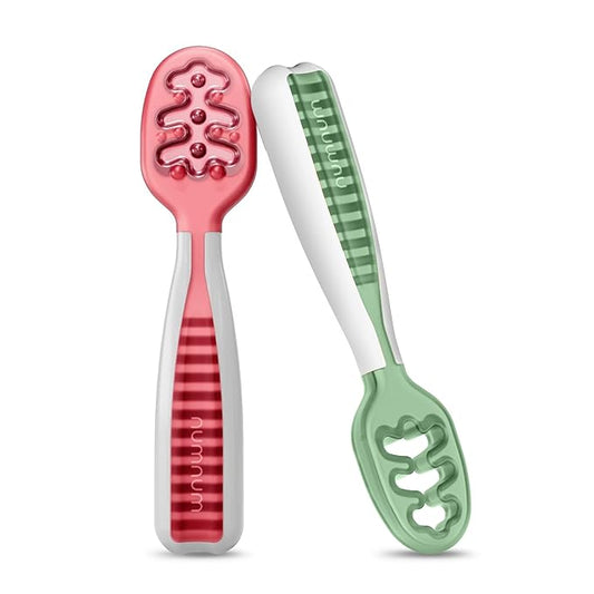 NumNum Baby Spoons Set, Baby Essentials Pre-Spoon GOOtensils for 6+ Months, First Stage Self-Feeding Spoons for Baby Led Weaning (BLW), Silicone Toddler Utensils, BPA-Free, 2 Pack Red/Green