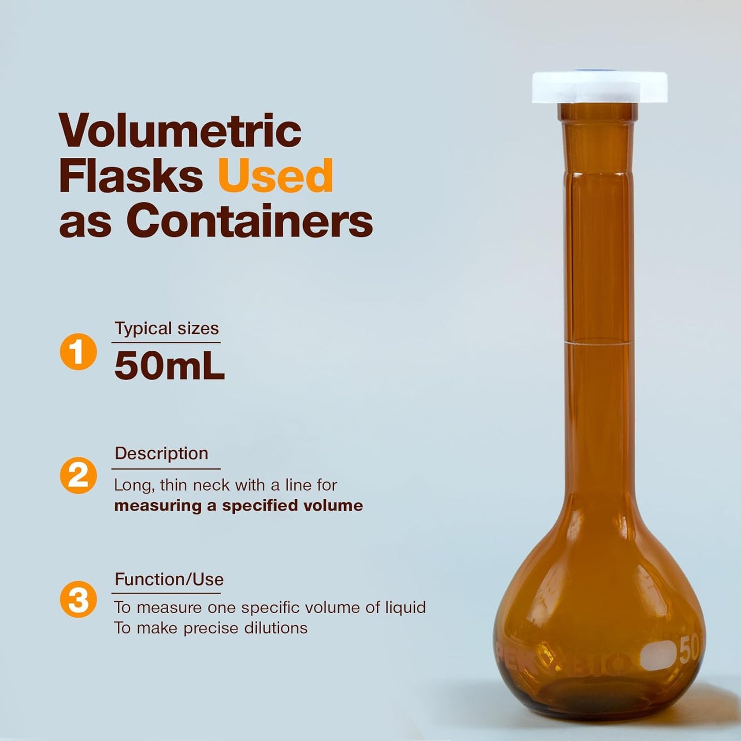 50ML Amber Volumetric Flask Set|ASTM Class A 3.3 Borosilicate Glass|Polypropylene Stopper|White Graduation|for Analytical Chemistry Work|2PCS