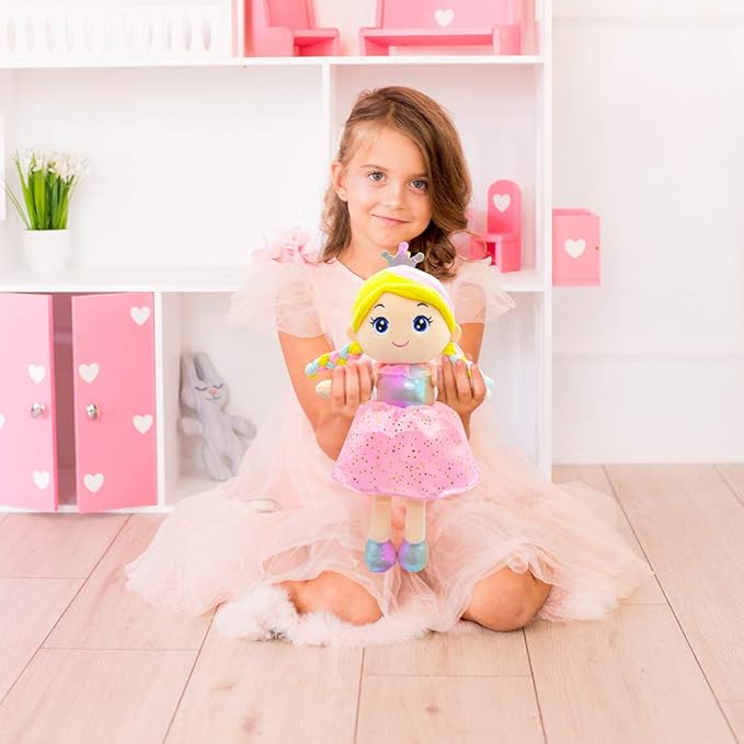 June Garden 14" Soft Baby Doll Vera - Stuffed Cuddly Princess Plush Gifts for Girls - Pink with Gift Bag