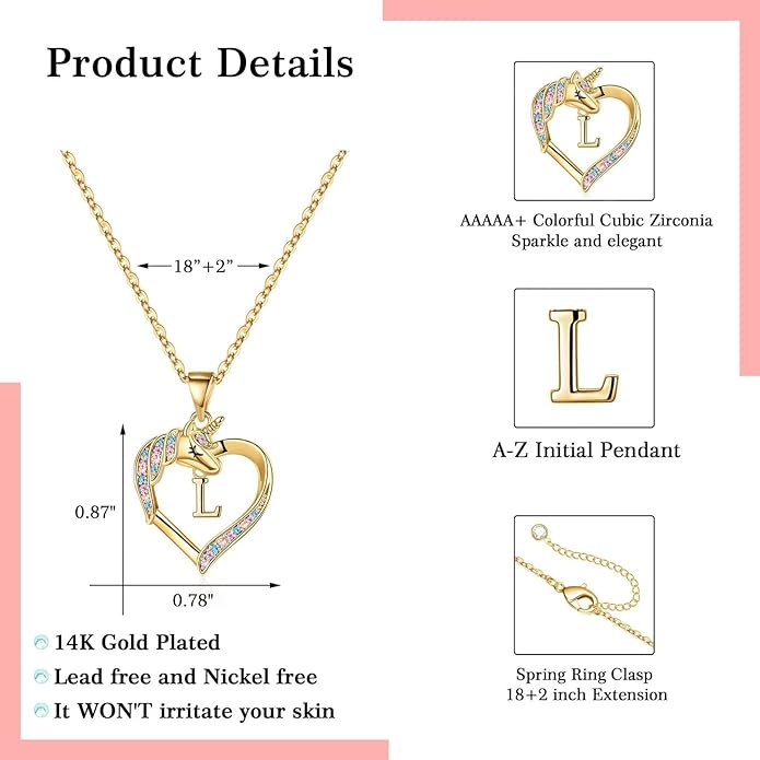 Hidepoo Unicorn Necklace Gifts for Girls - 14K-Gold-Plated Colorful CZ Heart Necklace Girls Jewelry Initial Unicorn Necklaces for Girl Birthday Gifts