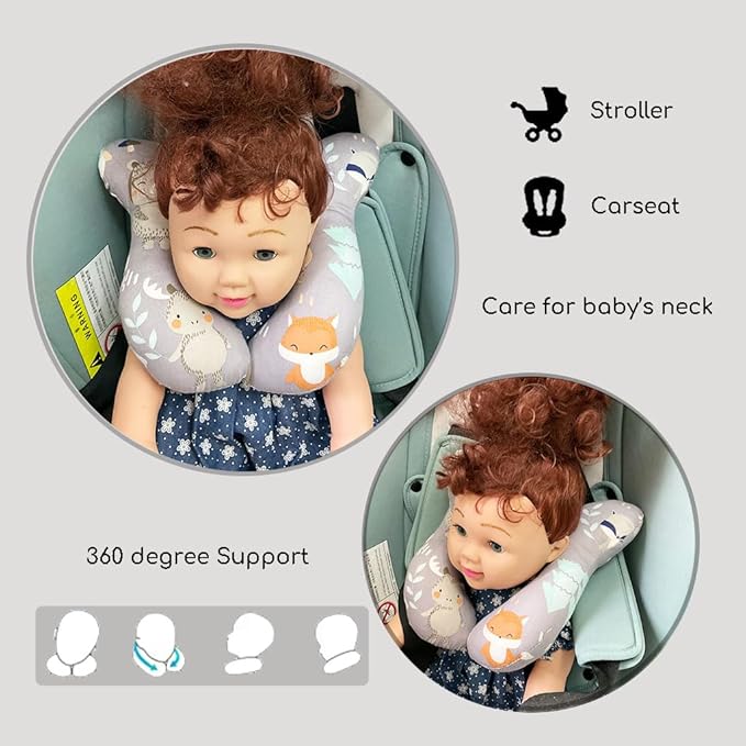Baby Neck Pillows, Comfortable Baby Travel Head Neck Support Pillow for Car Seat Stroller Pushchair, Soft PP Cotton Travel Pillow for 0-1 Year Old Toddler Infant Newborn, Fox