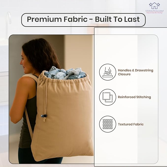 LFH Home Cotton Canvas Large Laundry Bag with Handle, Heavy Duty Drawstring Closure Washable Laundry Bags, School Travel, Home, Hotel, College Dorm, Organizer Sack, Toys Clothes 24x36-Beige