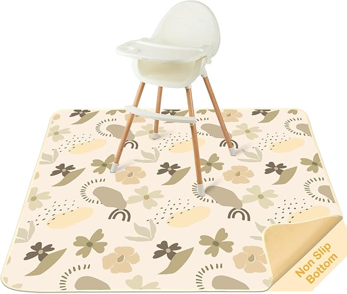 Splat Mat for Under High Chair 42 x 42 Inch Waterproof Baby Splash Mat with Non Slip Bottom Reusable Portable Highchair Mat for Floor Food Catcher for High Chair, Coffee Flowers
