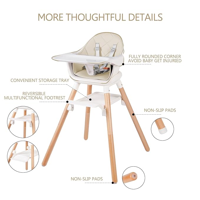 6 in 1 Baby High Chair, Convertible Wooden High Chairs/Booster Seat for Babies and Toddlers, Baby Feeding Chair with 5-Point Harness/Double Removable Tray & Adjustable Footrest (Beige)