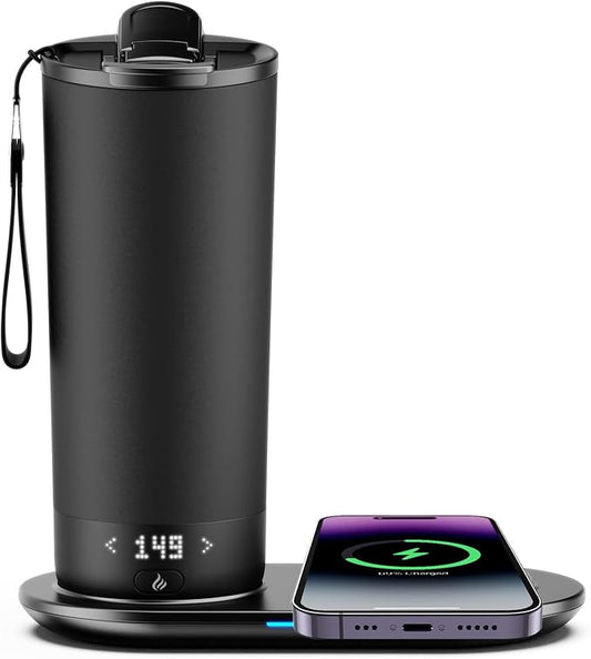 Heated travel intelligent constant temperature coffee cup 20 ounces, wireless charging base coffee service set with coffee cup that maintains constant temperature for 4-10 hours(Black, 20 oz)