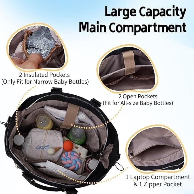 Diaper Bag Tote, Large Tote Baby Diaper Bag with 15.6" Laptop Compartment and Insulated Pockets, Crossbody Hospital Bags