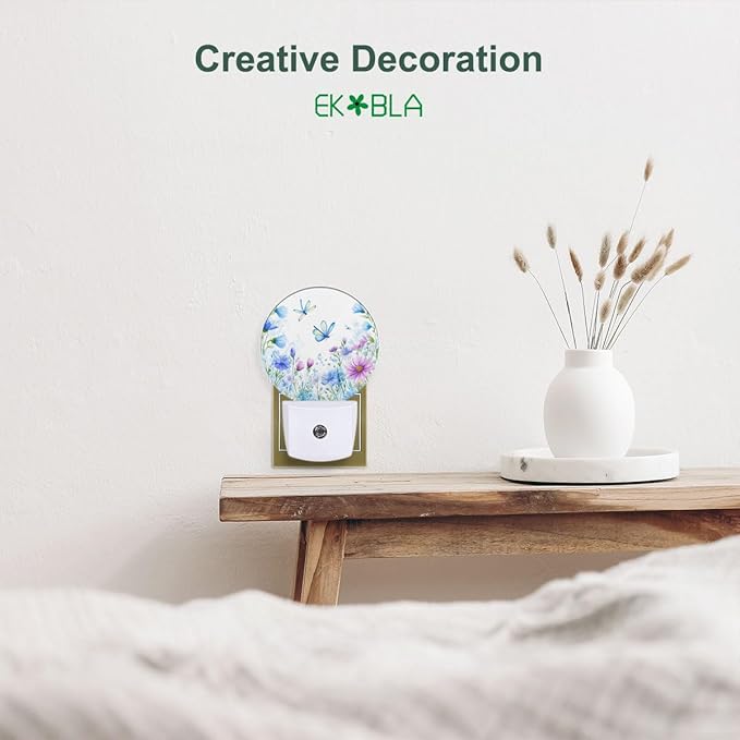EKOBLA Floral Butterfly Plug-in Nightlights Wildflowers & Butterflies Spring Garden Night Light with Auto Sensor LED Lighting for Kitchen Bedroom Bathroom Home Decor