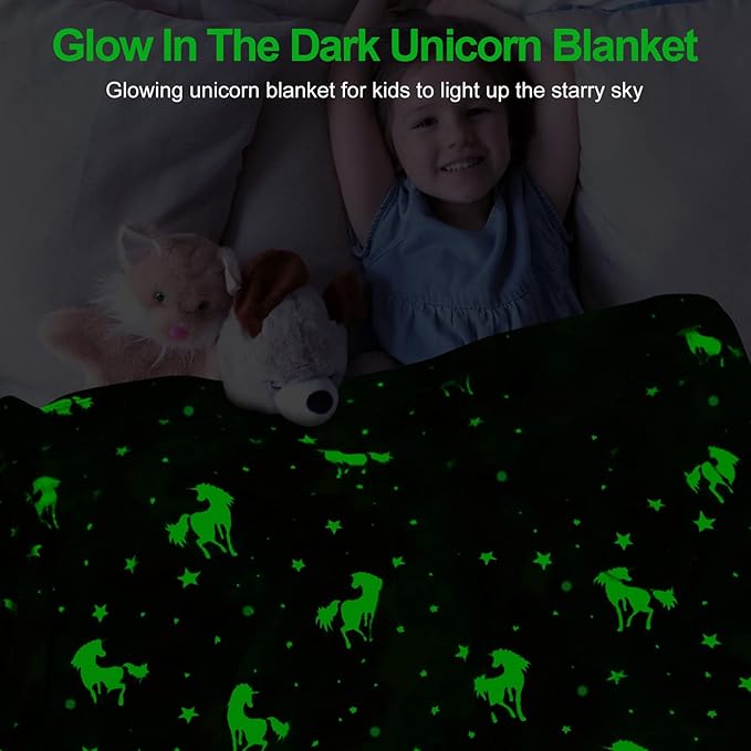 Unicorn Glow in the Dark Kids Blanket, 50"x60" Soft Fleece Throw for Girls Age 3-12