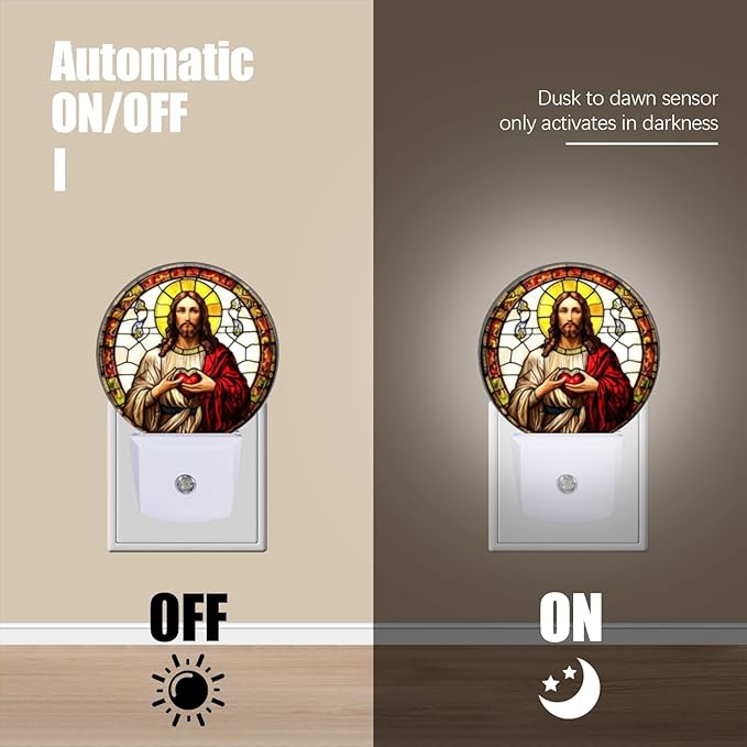 Round LED Night Lights Lamp with Dusk to Dawn Sensor, Jesus Christ with Sacred Heart in Hands Night Light Plug Into Wall for Kids Room, Bedroom, Bathroom, Kitchen, Hallway