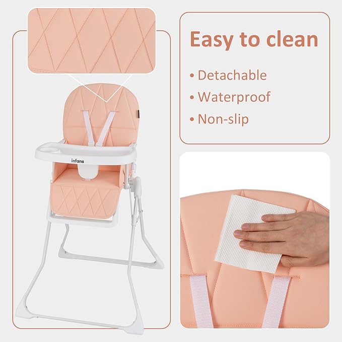INFANS Baby High Chair, Quick Folding Portable Highchair for Babies and Toddlers with Adjustable Footrest Removable Dishwasher Tray PU Seat, Compact Highchairs for Baby Age 6-36 Months (Pink)