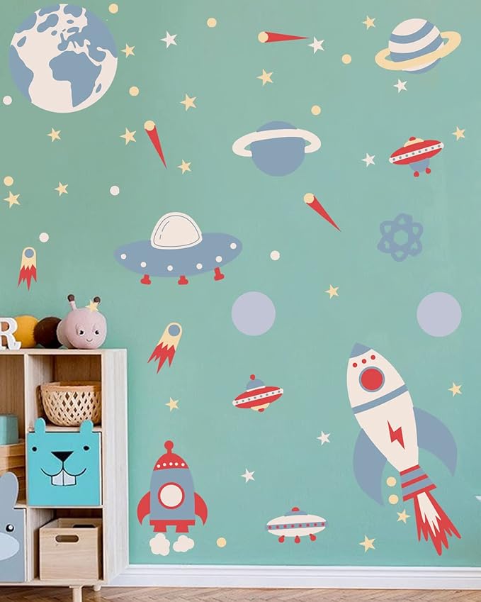 Space Peel and Stick Decals Rocket Planets Stars Wall Sticker Removable Vinyl Decals for Nursery Kids Room Girls Boys Bedroom Playroom Wall Decor