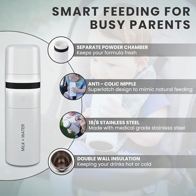 MILK & WATER All in One Baby Bottle & Baby Formula Dispenser On The Go, 9oz - Keeps Water Warm & Formula Fresh - Baby Formula Mixing Bottle with Anti Colic Nipple - Leak-Proof - 6+ Months (White)