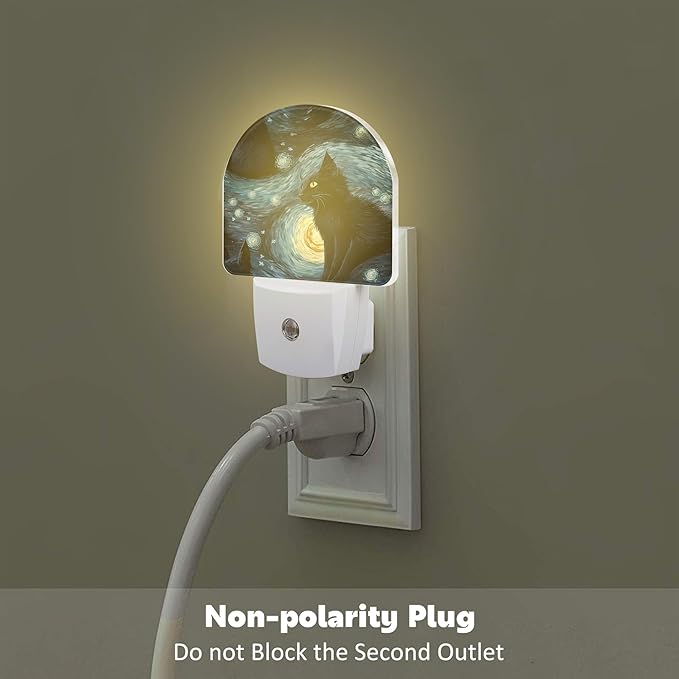 Starry Night Black Cat Night Light Plug into Wall, Abstract Oil Painting Cat Dusk to Dawn Night Light Plug in,0.5w Energy Saving Sleep Friendly Nightlight for Kids Boys Girls Home Decor