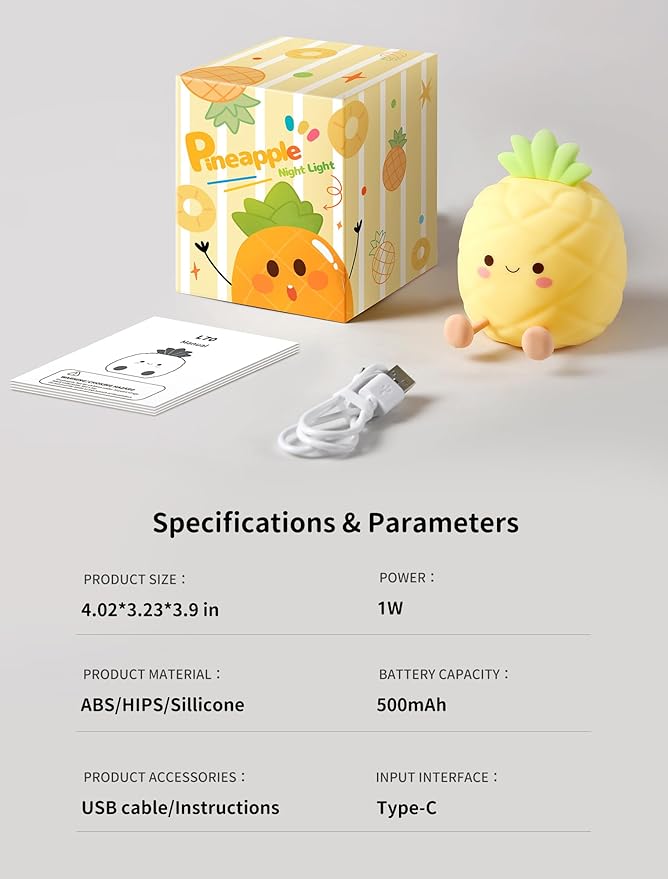 Pineapple Night Light for Kids, Nursery Night Light, Bedside Touch Lamp, Cute Silicone Nightlight for Baby Toddler, 3 Level Dimmable Soft Night Lamp Gift for Bedroom Kids Room Decor