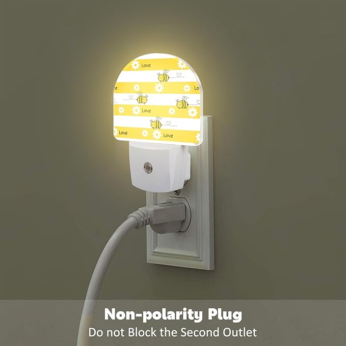 Cartoon Bees with Daisy Flowers Night Light Plug into Wall, Yellow Floral Bee Love Dusk to Dawn Night Light,0.5w Energy Saving Sleep Friendly Nightlights for Kids Boys Girls Home Decor