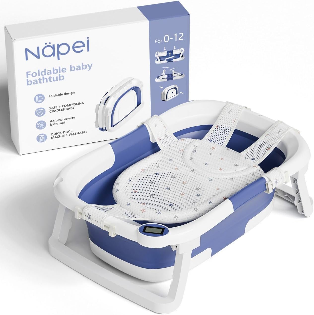 Collapsible Baby Bathtub,Baby Bath Tub with Soft Cushion & Thermometer,Baby Bathtub Newborn to Toddler 0-36 Months,Portable Travel Baby Tub