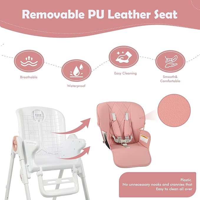 4 in 1 High Chairs for Babies and Toddlers, Foldable Baby High Chairs, Feeding and Eating Seat Highchair with 4 Levels of Recline and 7 Levels of Height Adjustment, Pink